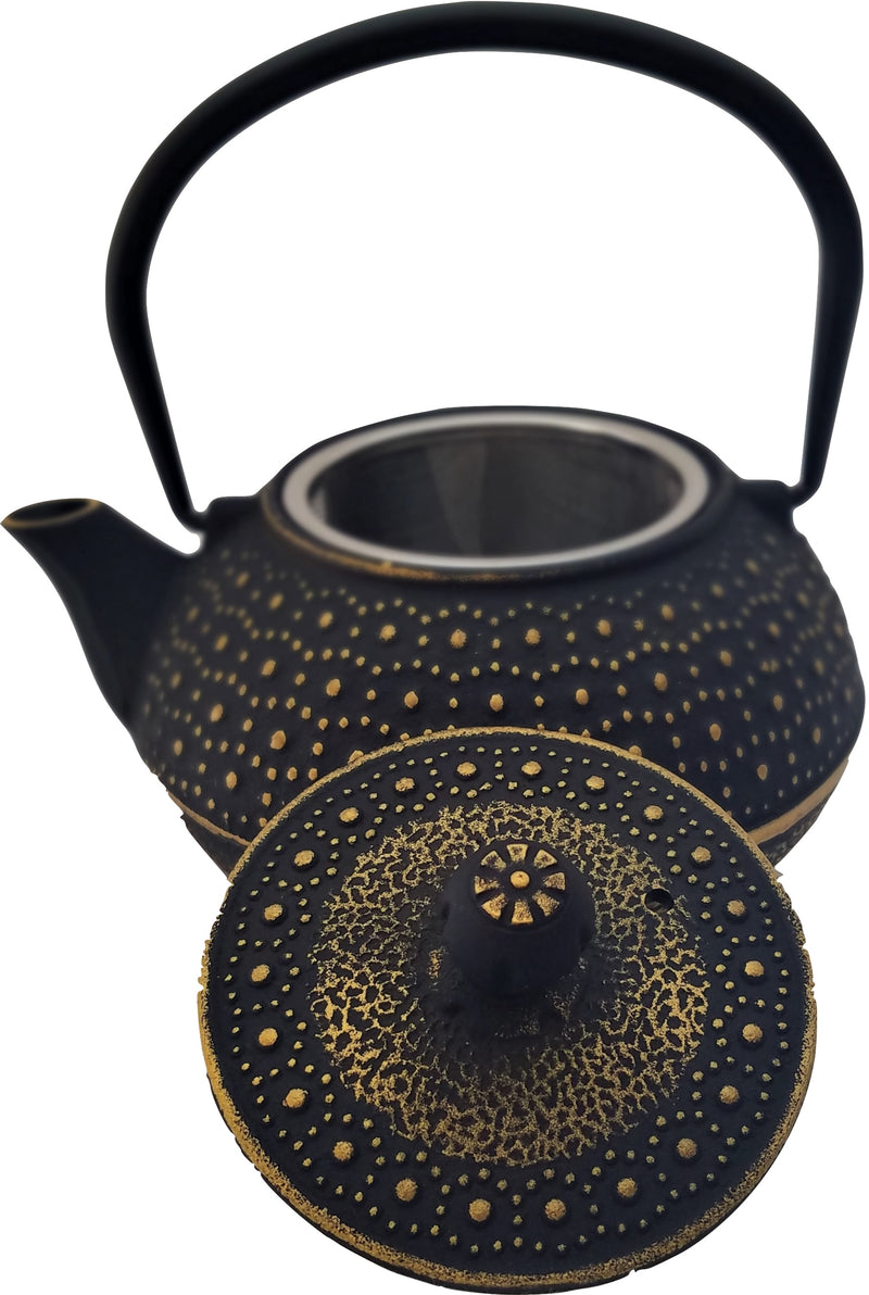Cast Iron Teapot With Stainless Steel Infuser  |  0.8 L / 27 oz  |  Non Toxic Golden-Black Teapot - Freshcarton